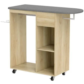 HOMCOM Dulap pentru calcat din lemn masa de calcat pe roti bara de suspendare raft 125 x 43,5 x 102,5 cm lemn natural | Aosom Romania imagine