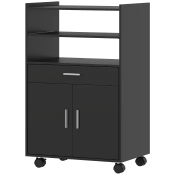 HOMCOM Dulap pentru Cuptorul cu Microunde cu Roti, Bufet de Bucatarie cu Sertar, Blat pentru Aparate, Dulap cu 2 Usi, Raft Retractabil si Raft Deschis, Carucior de Bucatarie pentru Sufragerie, 59x40x92cm, Negru | Aosom Romania imagine