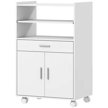HOMCOM Dulap pentru Cuptorul cu Microunde cu Roti, Bufet de Bucatarie cu Sertar, Blat pentru Electrocasnice, Dulap cu 2 Usi, Raft Glisant si Raft Deschis, Carucior de Bucatarie pentru Sufragerie, 59x40x92cm, Alb | Aosom Romania imagine