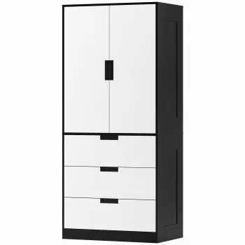 HOMCOM Dulap pentru Dormitor cu 2 Usi cu Inchidere Amortizata, 3 Sertare, PAL, 80x50x180 cm, Alb si Negru | Aosom Romania imagine