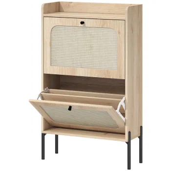 HOMCOM Dulap pentru incaltaminte 12 perechi, dulap cu 2 sertare rabatabile, usi din ratan si polite reglabile, stejar | Aosom Romania imagine