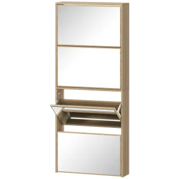 HOMCOM Dulap pentru Incaltaminte Slim cu 4 Usi si Oglinda 63x17x146 cm Culoare Lemn | Aosom Romania imagine