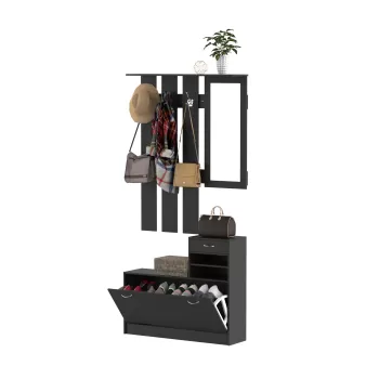 HOMCOM Dulap pentru Intrare Cuier cu Pantofar si Oglinda, Rafturi si Sertar, Dulap Cuier din PAL, 90x10x102 cm, Negru imagine