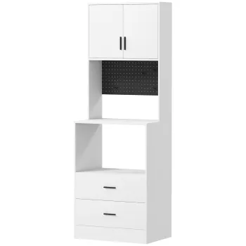 HOMCOM Dulap pentru Microunde cu Dulap, Blat de Lucru, Mobila de Bucatarie cu 2 Sertare, Panou Metalic, 4 Carlige, Raft Reglabil pentru Bucatarie, Sala de Masa, Living, Alb | Aosom Romania imagine