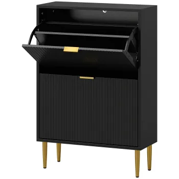 HOMCOM Dulap pentru pantofi 12 perechi cu 2 sertare rabatabile, usi canelate si rafturi reglabile, 60x24x91,5cm, negru | Aosom Romania imagine