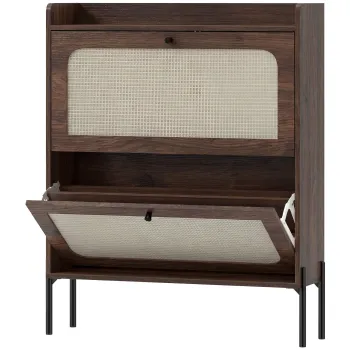 HOMCOM Dulap pentru Pantofi 16 Perechi, 2 Sertare, Usi din Ratan si Rafturi Reglabile, 80x23,7x99,5cm, Maro Inchis | Aosom Romania imagine