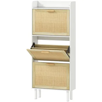 HOMCOM Dulap pentru pantofi 3 usi rabatabile etajera efect rasina impletita design boem 65 x 24,5 x 153 cm alb | Aosom Romania imagine