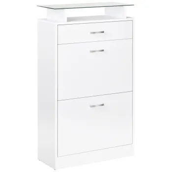 HOMCOM Dulap pentru Pantofi cu 2 Usi pe 2 Niveluri, Sertar si Raft din Sticla, Dulap pentru Pantofi, 60x24x105,5 cm, Alb | Aosom Romania imagine