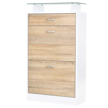 HOMCOM Dulap pentru Pantofi, Mobilier depozitare Pantofi cu 2 Usi pliante 2 Compartimente, sertar, Placa din Sticla - Lemn stejar Alb | Aosom Romania imagine