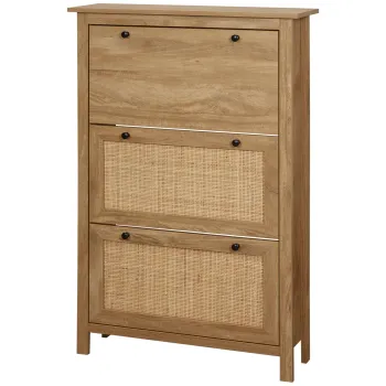 HOMCOM Dulap pentru pantofi raft pantofi dulap 3 usi rabatabile efect cannage rachita - in lemn lemn natural | Aosom Romania imagine