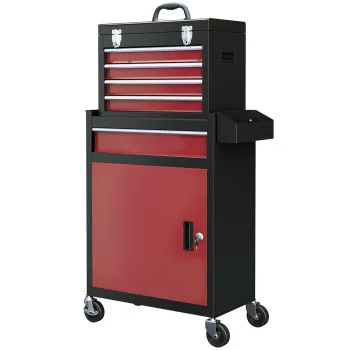 HOMCOM Dulap pentru Scule Rulant pe Roti cu 5 Sertare si Dulap, Comoda Portabila pentru Scule, Dulap cu Role pentru Atelier si Acasa, 60x28x102 cm, Rosu imagine