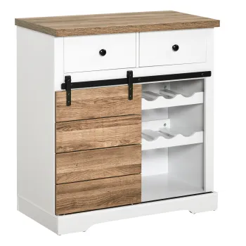 HOMCOM Dulap Rustic de Bucatarie cu 2 Sertare, Rafturi Deschise si Suport pentru Sticle, Bufet din Lemn si Metal, 80x39x86 cm, Alb imagine