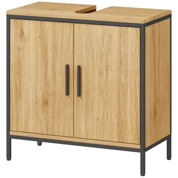 HOMCOM Dulap sub chiuveta, dulap cu 2 usi, raft reglabil, 60x30x60 cm dulap de baie cu cadru din otel, pentru chiuvete fara piedestal, stejar | Aosom Romania imagine