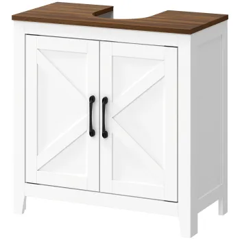HOMCOM Dulap sub chiuveta, mobilier de baie modern cu 2 usi in stil hambar si raft reglabil, alb | Aosom Romania imagine