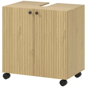 HOMCOM Dulap sub-chiuveta pentru baie, raft in 3 trepte, roti, lemn | Aosom Romania imagine