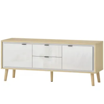 HOMCOM Dulap TV, pentru televizoare pana la 140 cm, 2 usi lucioase, 2 sertare silentioase, 120 x 35 x 50 cm, alb | Aosom Romania imagine