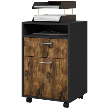 HOMCOM Dulapior de Birou cu 4 Roti, Raft Deschis si 2 Sertare, Mobilier de Birou din Lemn si Metal, 40x35x60 cm, Maro | Aosom Romania imagine