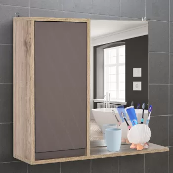 HOMCOM Dulapior suspendat pentru Baie, cu Oglinda, Raft reglabil, Gri si Stejar imagine