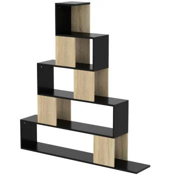 HOMCOM Etajera de depozitare, biblioteca geometrica cu 5 niveluri, pentru birou, living, dormitor, negru si lemn natural | Aosom Romania imagine