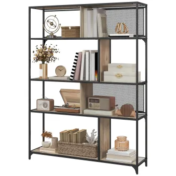 HOMCOM Etajera Industriala cu 5 Niveluri si 2 Usi Culisante, Raft pentru Carti din Lemn si Otel, 120x30x161 cm, Gri | Aosom Romania imagine