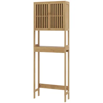 HOMCOM Etajera pentru toaleta mobilier de baie pentru deasupra toaletei WC cu dulap 2 usi si etajera deschisa bambus | Aosom Romania imagine