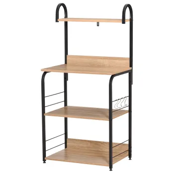 HOMCOM Etajere de bucatarie - etajera cuptor cu microunde - mobilier cuptor cu microunde - 3 rafturi, raft, carlige - panouri de particule aspect stejar deschis cadru metal negru | Aosom Romania imagine