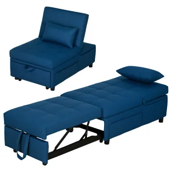 HOMCOM Fauteuil convertibil 1 loc fauteuil pat cu spatar reglabil, scaun captusit si perna, albastru | Aosom Romania imagine