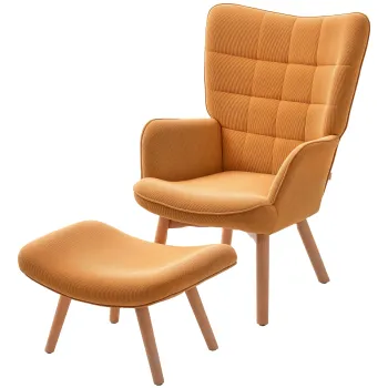 HOMCOM Fotoliu Accent cu Otoman, Fotoliu de Relaxare in Aspect de Catifea, Fotoliu cu Brate din Lemn, pentru Living, Maro | Aosom Romania imagine