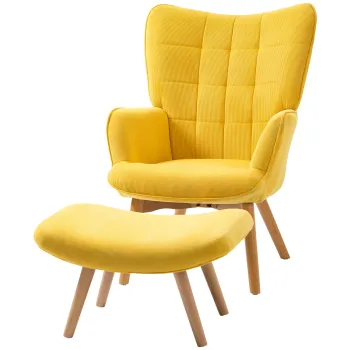 HOMCOM Fotoliu Accent cu Taburet, Fotoliu de Relaxare in Aspect de Catifea, Fotoliu cu Brate si Picioare de Lemn, pentru Sufragerie, Galben | Aosom Romania imagine