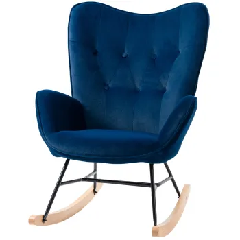 HOMCOM Fotoliu balansoar, rocking chair, fotoliu pentru alaptare confortabil cu structura din lemn masiv si metal pentru Living, Dormitor, Balcon, Catifea albastra | Aosom Romania imagine