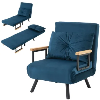 HOMCOM Fotoliu convertibil 3 in 1 pat 1 loc cu spatar reglabil in 5 pozitii, brate din lemn si perna, material catifelat, albastru | Aosom Romania imagine