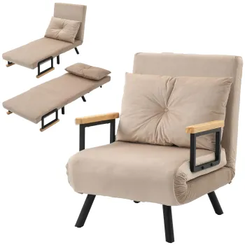 HOMCOM Fotoliu convertibil 3 in 1 pat 1 loc spatar 5 pozitii, brate din lemn si perna, material cu efect catifelat, bej | Aosom Romania imagine