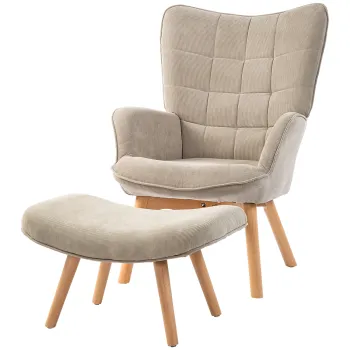 HOMCOM Fotoliu cu Accent si Taburet, Fotoliu de Relaxare in Cord, Fotoliu cu Brate din Lemn, pentru Sufragerie, Kaki | Aosom Romania imagine