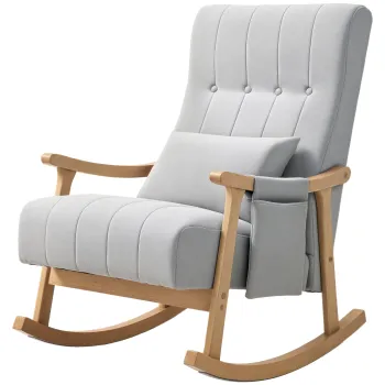 HOMCOM Fotoliu cu balansoar cu perna lombara, sezut larg, rama din lemn, pana la 120 kg, Gri | Aosom Romania imagine