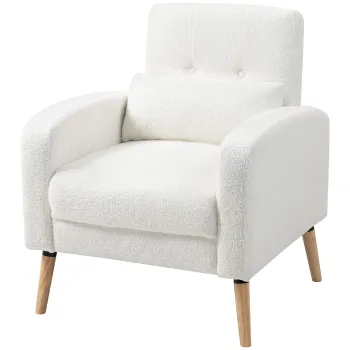 HOMCOM Fotoliu cu brate modern, Fotoliu tapitat cu picioare din lemn de cauciuc, perna lombara, pentru living, dormitor, birou, Alb | Aosom Romania imagine