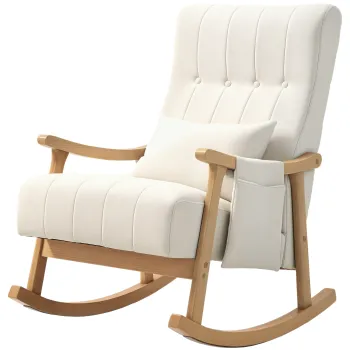 HOMCOM Fotoliu cu leagan cu perna lombara, sezut larg, cadru din lemn, pana la 120 kg, Bej | Aosom Romania imagine