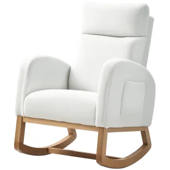 HOMCOM Fotoliu cu Leagan, Fotoliu de Relaxare, capitonaj gros, husa moale, cadru de lemn, pana la 120 kg capacitate de incarcare, crem | Aosom Romania imagine