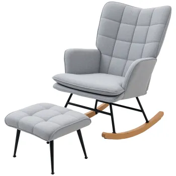 HOMCOM Fotoliu cu leagan si otomana in design scandinav Fotoliu cu taburet, Lemn de fag, Captuseala, 64 cm x 89 cm x 90 cm Gri | Aosom Romania imagine