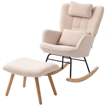 HOMCOM Fotoliu cu leagan si suport pentru picioare, cu husa moale din fleece, picioare din lemn, perna, spatar inalt, leagan, Bej | Aosom Romania imagine