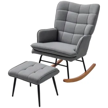 HOMCOM Fotoliu cu leagan si taburet, confortabil, pana la 130 kg, aspect de in, 64x89x90cm, Gri inchis | Aosom Romania imagine