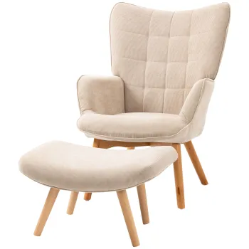 HOMCOM Fotoliu cu Taburet pentru Camera sau Living din Catifea cu Model Crestat , Spatar Inalt si Brate, 72x80x101 cm, Bej | Aosom Romania imagine