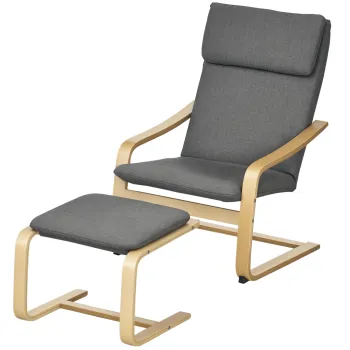 HOMCOM Fotoliu cu taburet, Set de fotolii, Aspect de in, Lemn masiv, Gri + Natur | Aosom Romania imagine