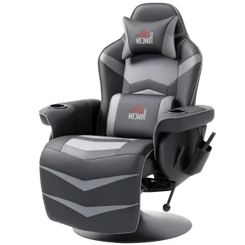HOMCOM Fotoliu de gaming, functie de masaj, spatar reglabil, suport pentru picioare, pana la 120 kg, cadru din otel, piele ecologica, Gri | Aosom Romania imagine