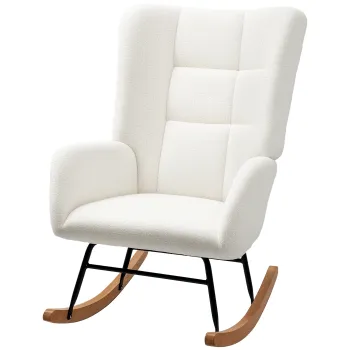 HOMCOM Fotoliu de leagan in material efect lana buclata cu picioare de lemn masiv de hevea pentru camera, living, crem | Aosom Romania imagine