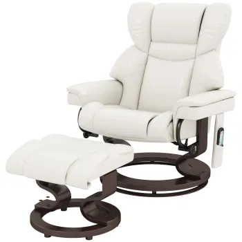 HOMCOM Fotoliu de relaxare cu functie de masaj si taburet, scaun de dormit, piele ecologica, 79 x 82 x 101 cm, alb-crem | Aosom Romania imagine