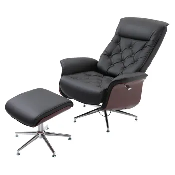 HOMCOM Fotoliu de relaxare cu taburet Fotoliu TV Fotoliu tapitat rotativ 360? inclinabil 145? cu design retro Chesterfield tapiterie PU placare lemn picior metalic Negru 82 x 83 x 110 cm | Aosom Romania imagine