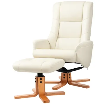 HOMCOM Fotoliu de Relaxare cu Taburet, Functie de Culcare, Piele Ecologica, pana la 150 kg, 71 x 84 x 102 cm, Crem | Aosom Romania imagine