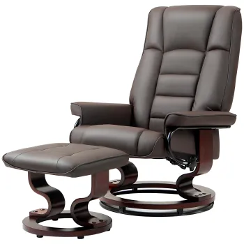 HOMCOM Fotoliu de relaxare cu taburet, rotativ & inalt reglabil, piele ecologica, pana la 150 kg, cadru din lemn, Maro | Aosom Romania imagine