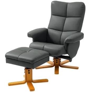 HOMCOM Fotoliu de relaxare cu taburet, Spatar inclinabil la 145?, Rotativ la 360?, Piele ecologica, Gri inchis | Aosom Romania imagine