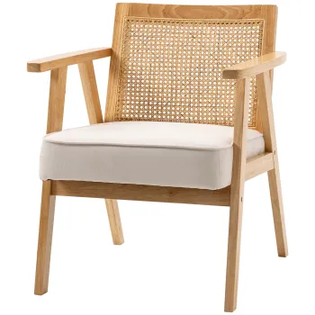 HOMCOM Fotoliu de salon confortabil cu sezut din rachita, Cu perna groasa, Spatar inclinat, Structura din lemn, bej | Aosom Romania imagine